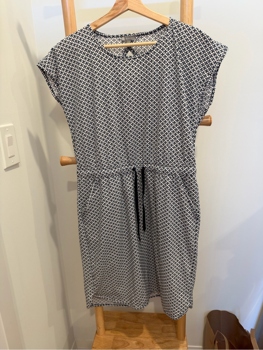 Talbots Black and White Printed Midi Dress with Tie Waist